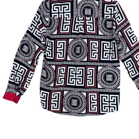 Fashion Nova Woman’s Black, White, Red Geometric Button Up Dress Shirt - Picture 11 of 11